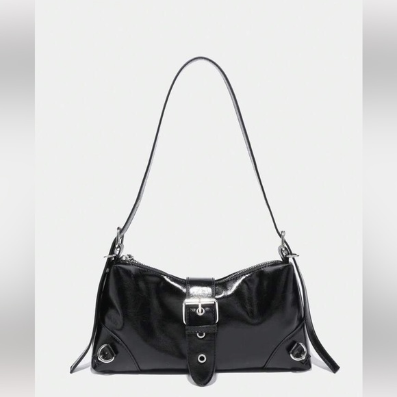 Shein Black leather shoulder bag with silver buckle detail - Picture 1 of 5